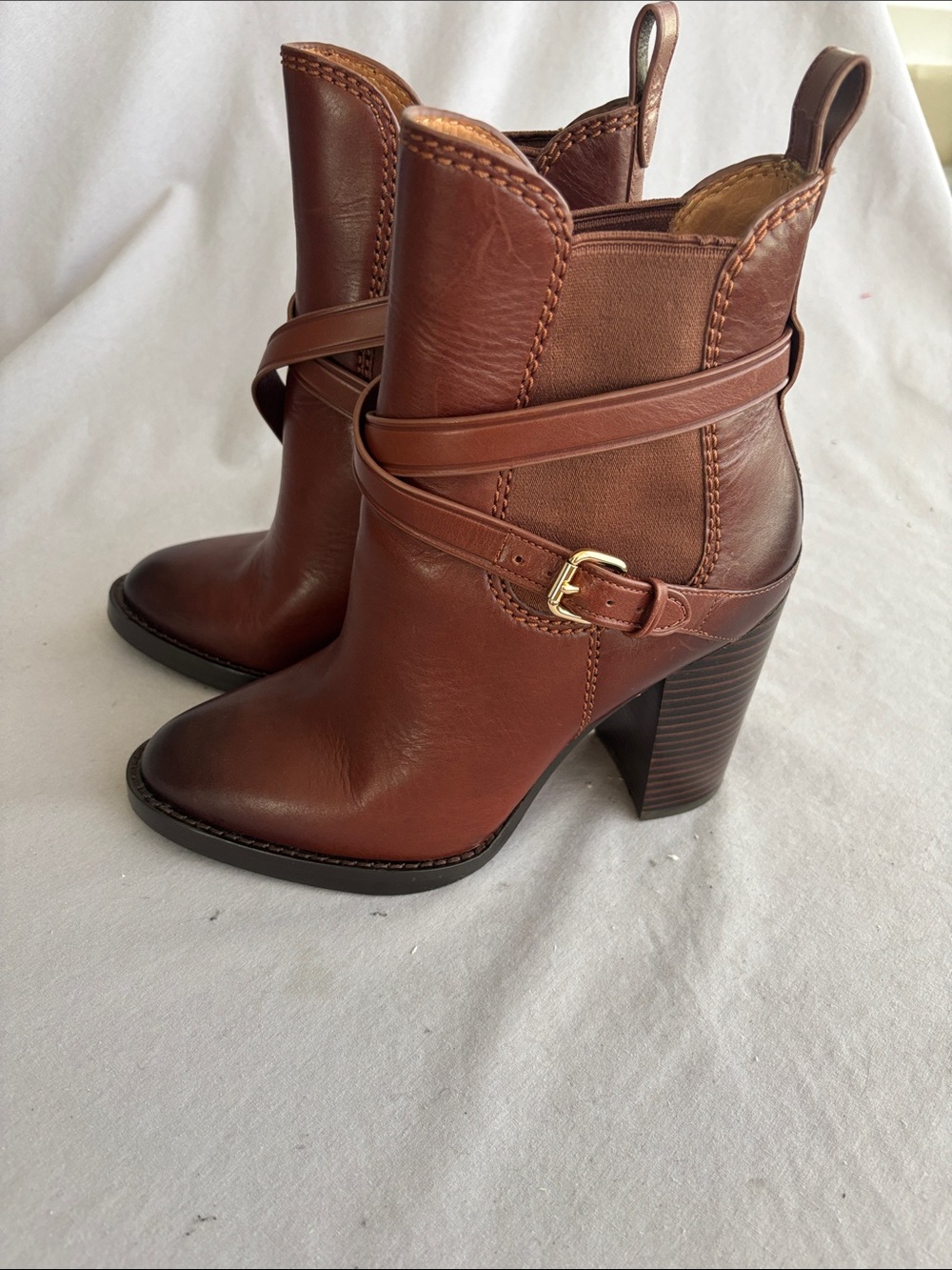 Coach Brown Leather Heeled Ankle Boots with Buckle Strap